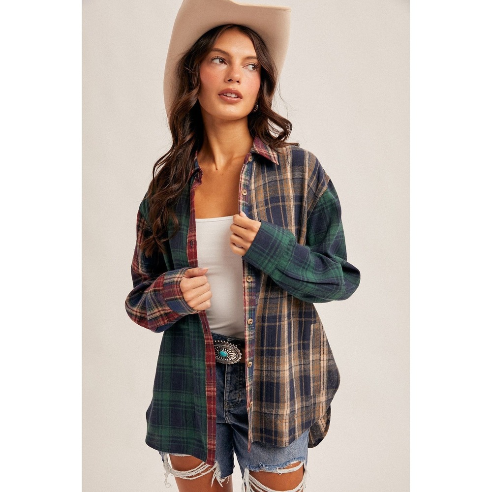 Hem & Thread Mixed Plaid Button Down Shirt Womens Small Oversized Multi Color